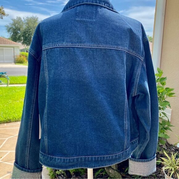 REBECCA MINKOFF DARK WASH DENIM JACKET WITH RHINESTONE EMBELLISHED CUFFS XL NWT - Picture 15 of 16
